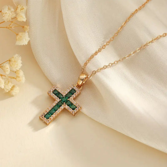 Solene Emerald Cross Pendant Gold Necklace