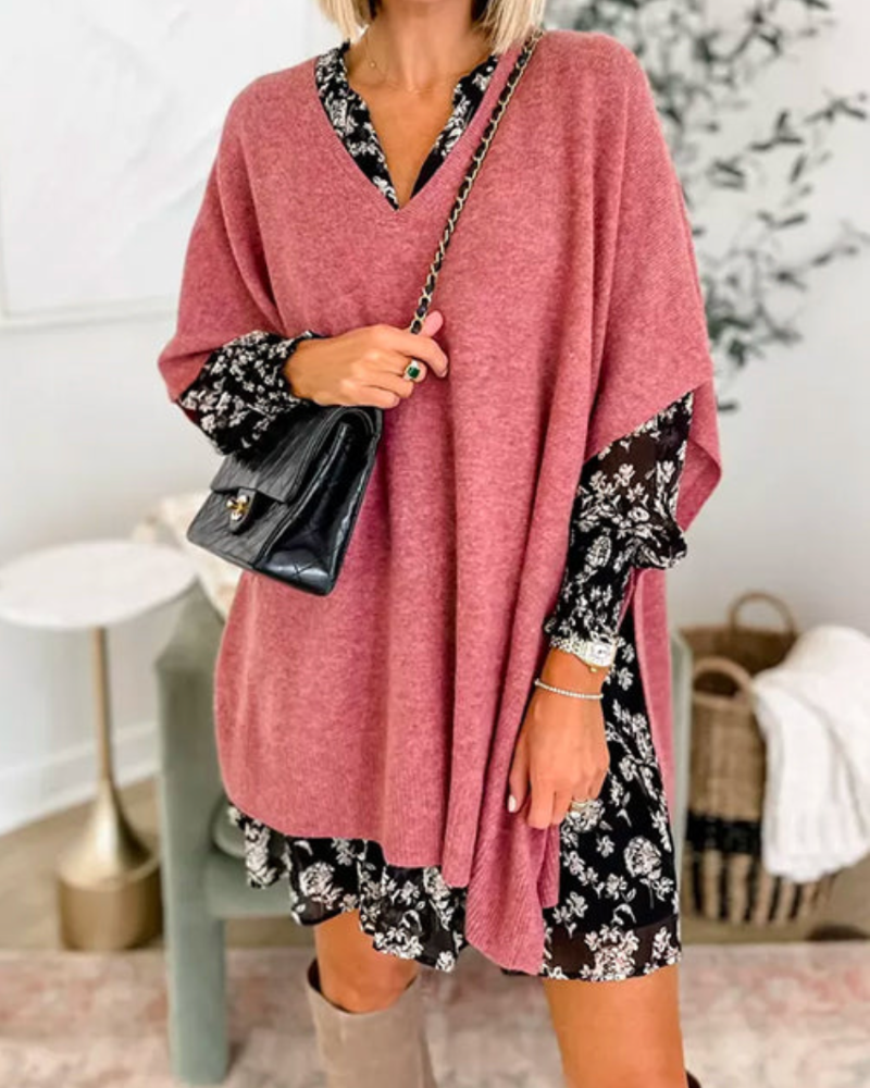 Erica - V Neck Loose Fit Solid Poncho Sweater