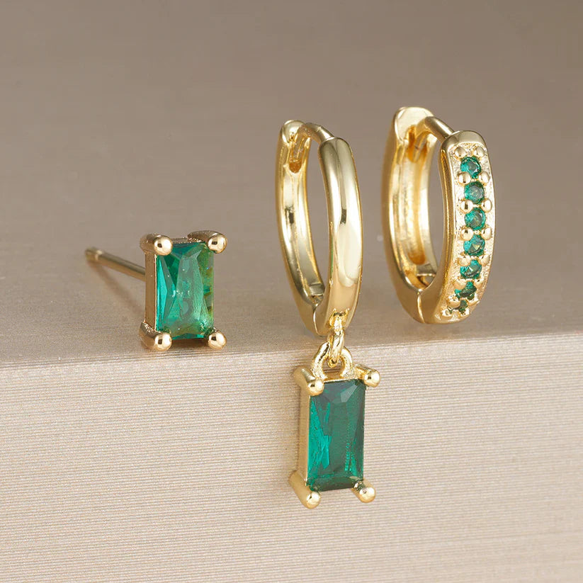 Emerald Green Geometric Zircon Gold Earrings