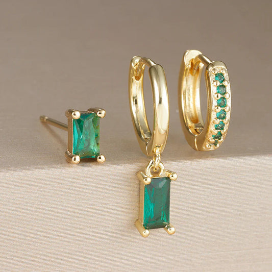 Emerald Green Geometric Zircon Gold Earrings