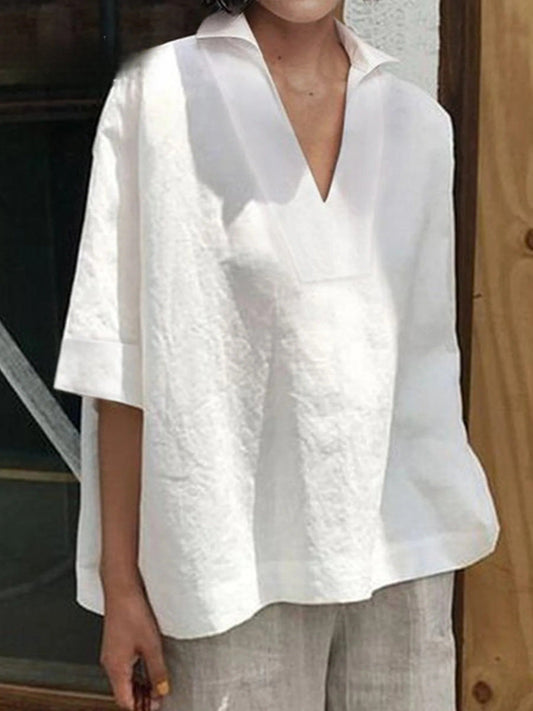 Verena - Solid V-neck Loose Mid-Sleeve Shirt