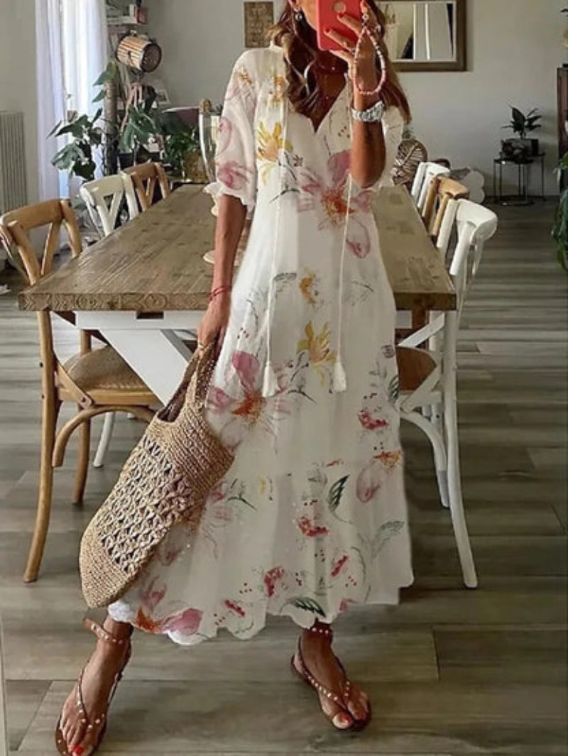 Andrea - Boho Vintage V-Neck Printed Dress